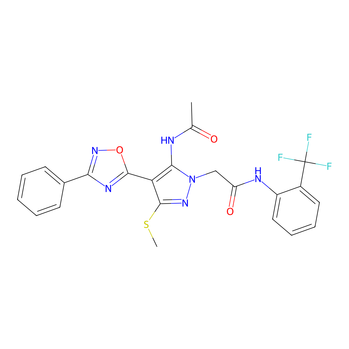 2-[5-acetamido-3-(methylsulfanyl)-4-(3-phenyl-1,2,4-oxadiazol-5-yl)-1H-pyrazol-1-yl]-N-[2-(trifluoromethyl)phenyl]acetamide molecular structure, CAS 1223853-83-5