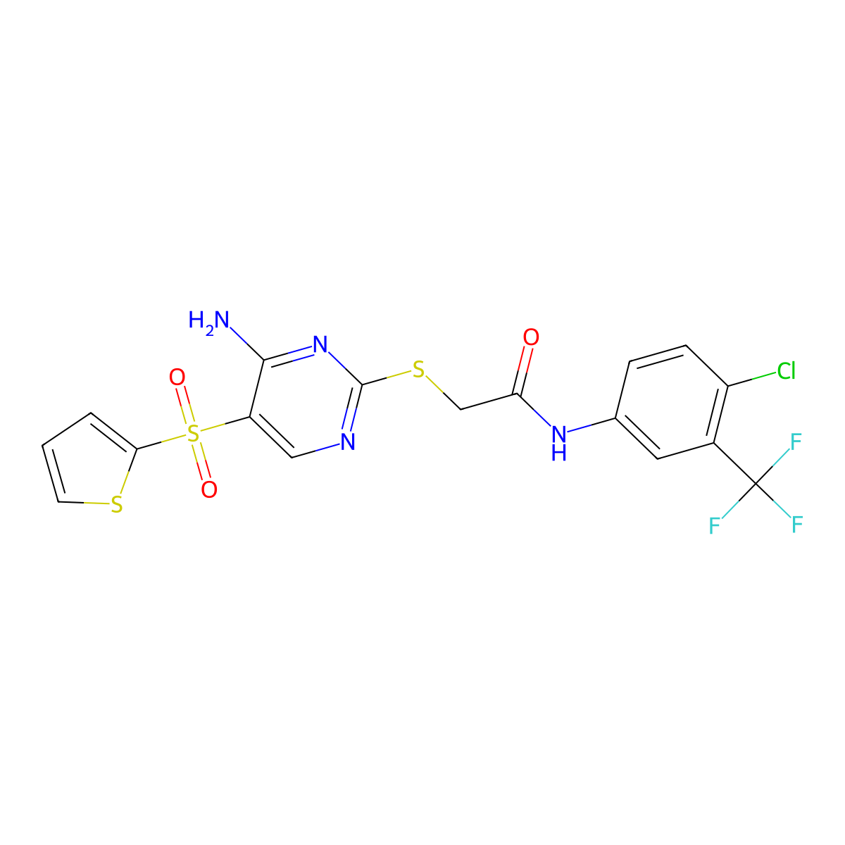 2-((4-amino-5-(thiophen-2-ylsulfonyl)pyrimidin-2-yl)thio)-N-(4-chloro-3-(trifluoromethyl)phenyl)acetamide molecular structure, CAS 1223856-57-2