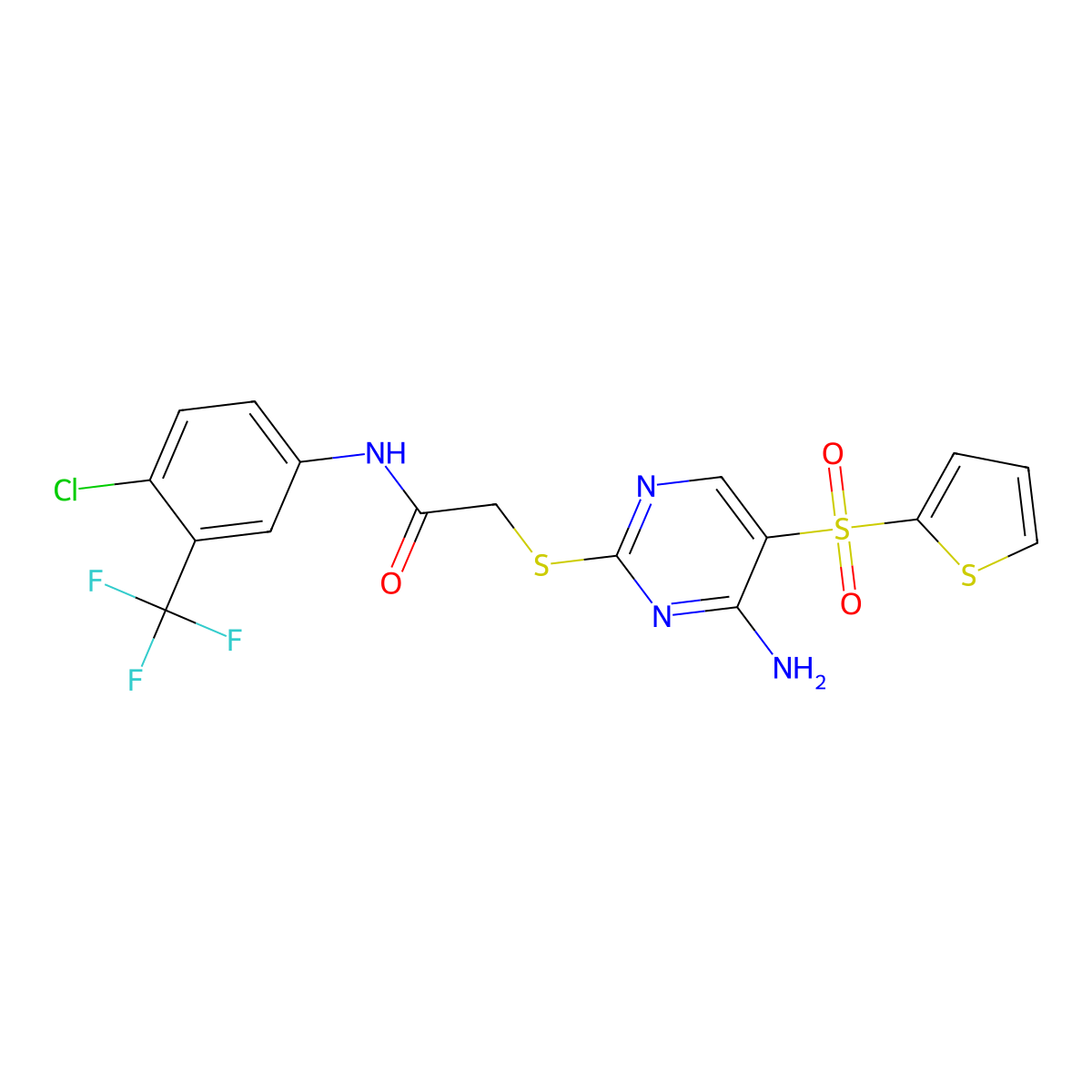 2-((4-amino-5-(thiophen-2-ylsulfonyl)pyrimidin-2-yl)thio)-N-(4-chloro-3-(trifluoromethyl)phenyl)acetamide molecular structure, CAS 1223856-57-2