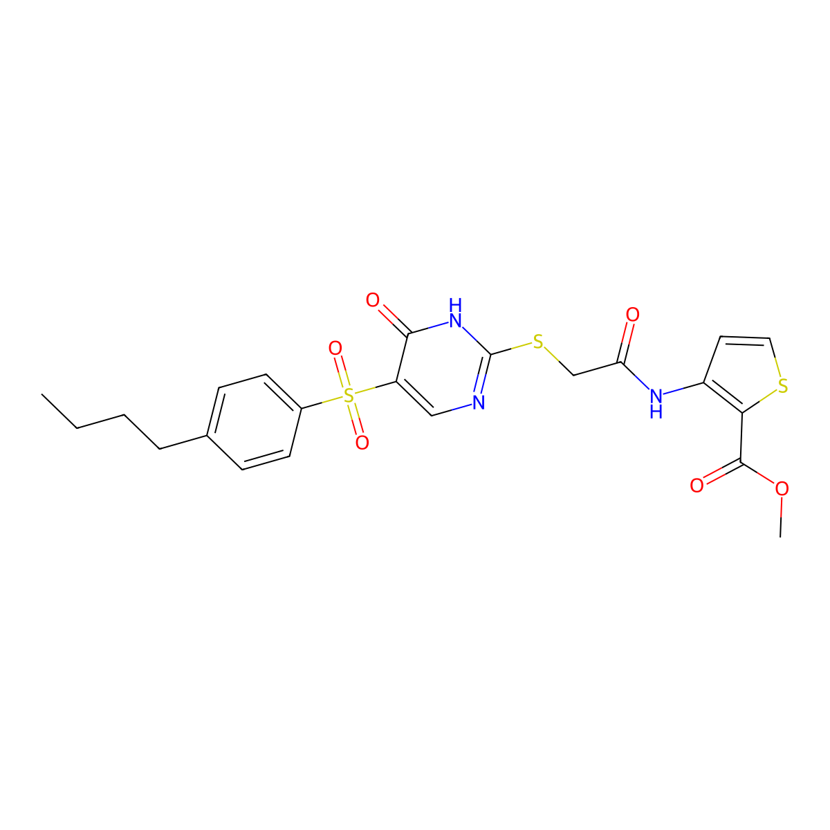 Methyl 3-(2-{[5-(4-butylbenzenesulfonyl)-6-oxo-1,6-dihydropyrimidin-2-yl]sulfanyl}acetamido)thiophene-2-carboxylate molecular structure, CAS 1223857-49-5