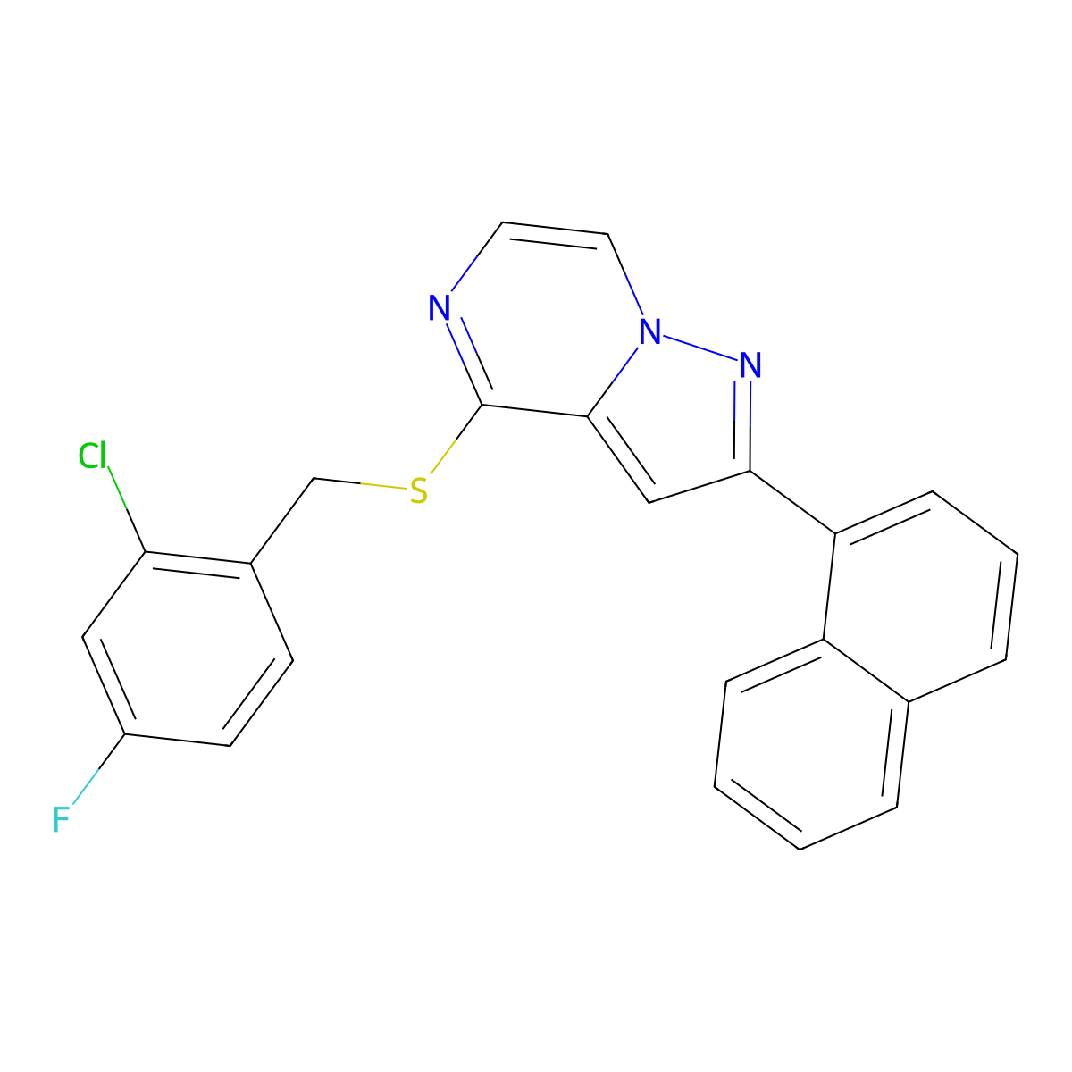 4-[(2-Chloro-4-fluorobenzyl)thio]-2-(1-naphthyl)pyrazolo[1,5-a]pyrazine molecular structure, CAS 1223857-62-2