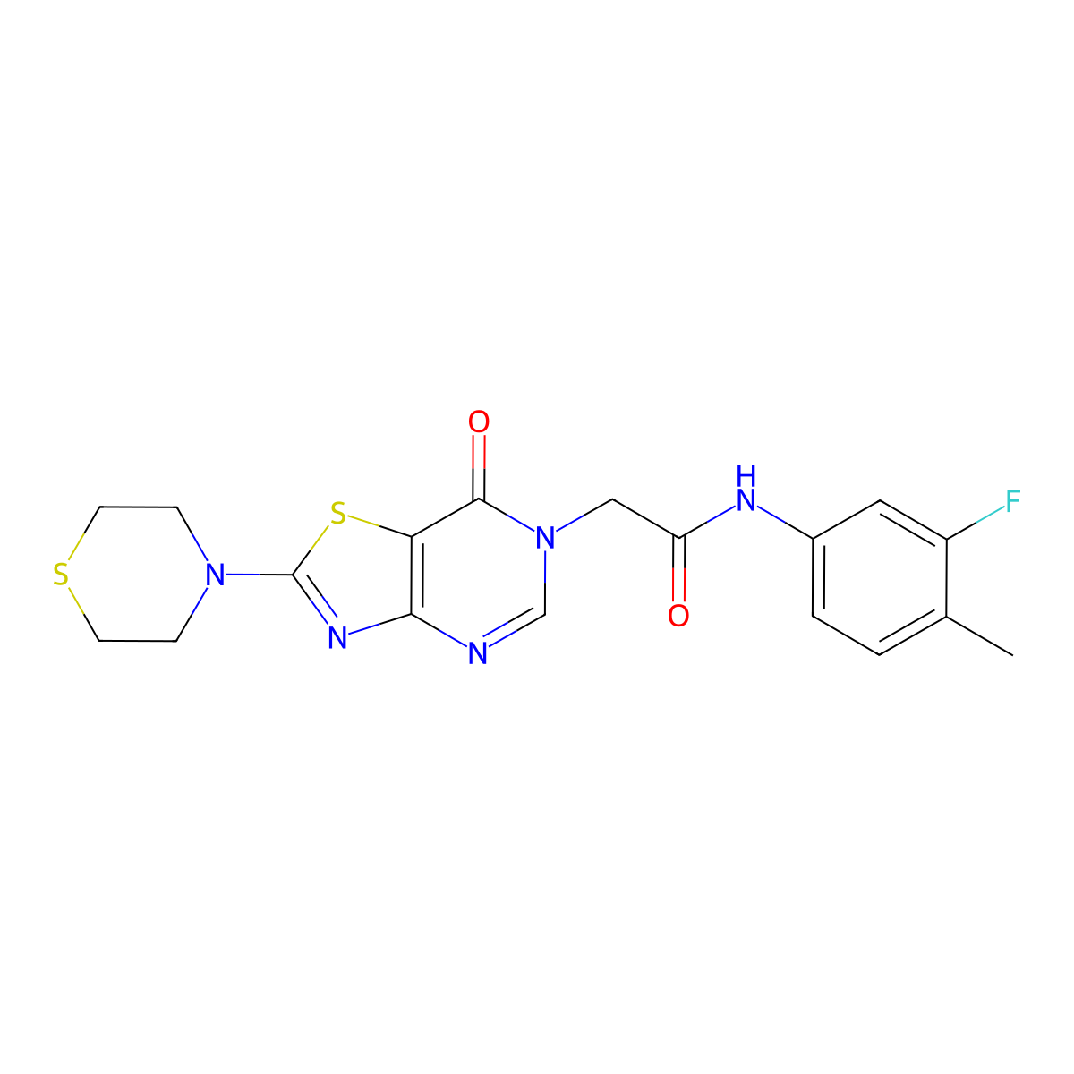 N-(3-fluoro-4-methylphenyl)-2-(7-oxo-2-thiomorpholinothiazolo[4,5-d]pyrimidin-6(7H)-yl)acetamide molecular structure, CAS 1223859-84-4
