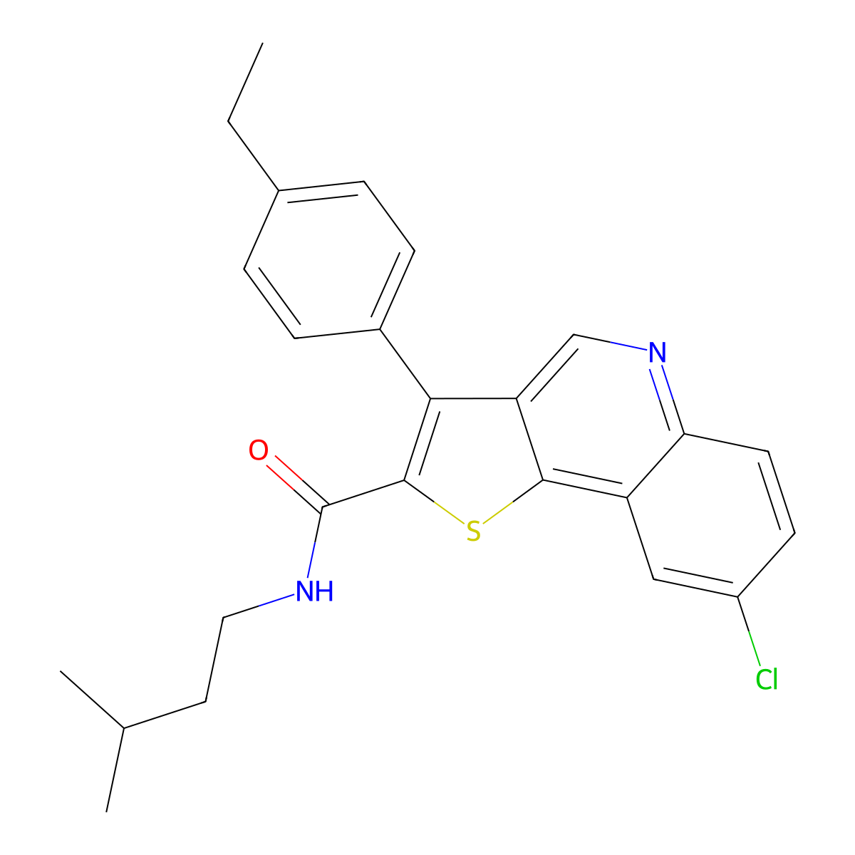 8-chloro-3-(4-ethylphenyl)-N-(3-methylbutyl)thieno[3,2-c]quinoline-2-carboxamide molecular structure, CAS 1223859-98-0