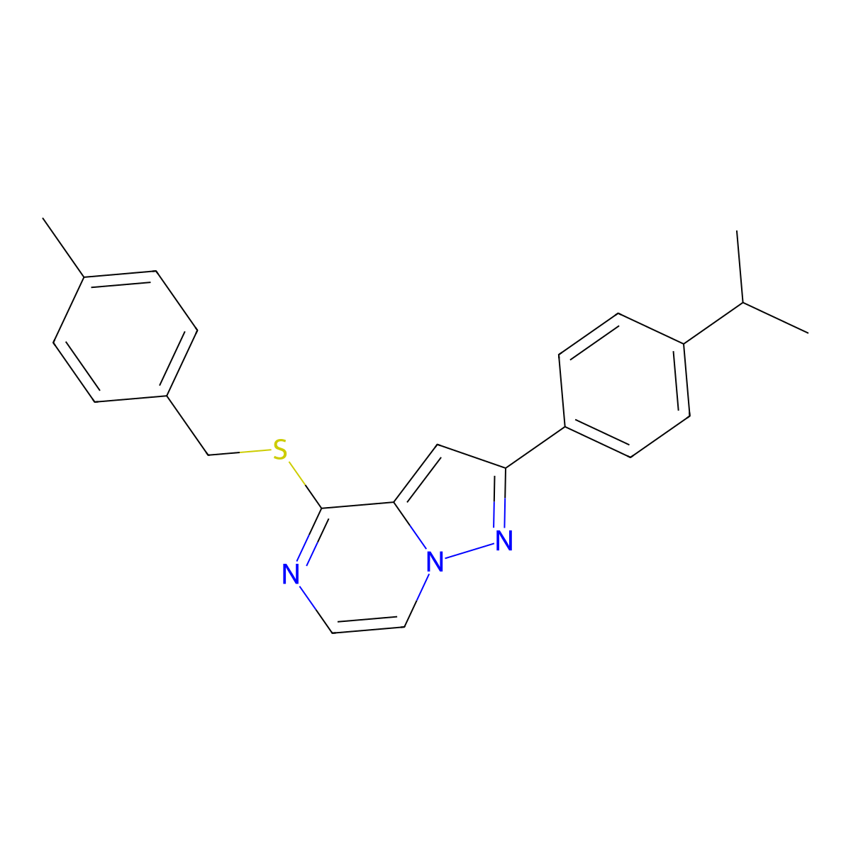 2-(4-Isopropylphenyl)-4-[(4-methylbenzyl)thio]pyrazolo[1,5-a]pyrazine molecular structure, CAS 1223863-20-4