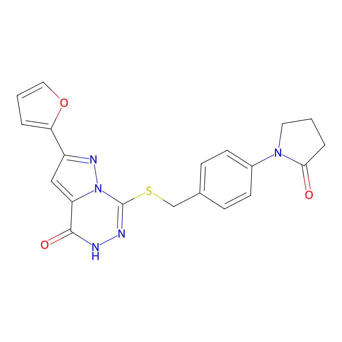 1-[4-({[2-(furan-2-yl)-4-oxo-4H,5H-pyrazolo[1,5-d][1,2,4]triazin-7-yl]sulfanyl}methyl)phenyl]pyrrolidin-2-one molecular structure, CAS 1223864-51-4