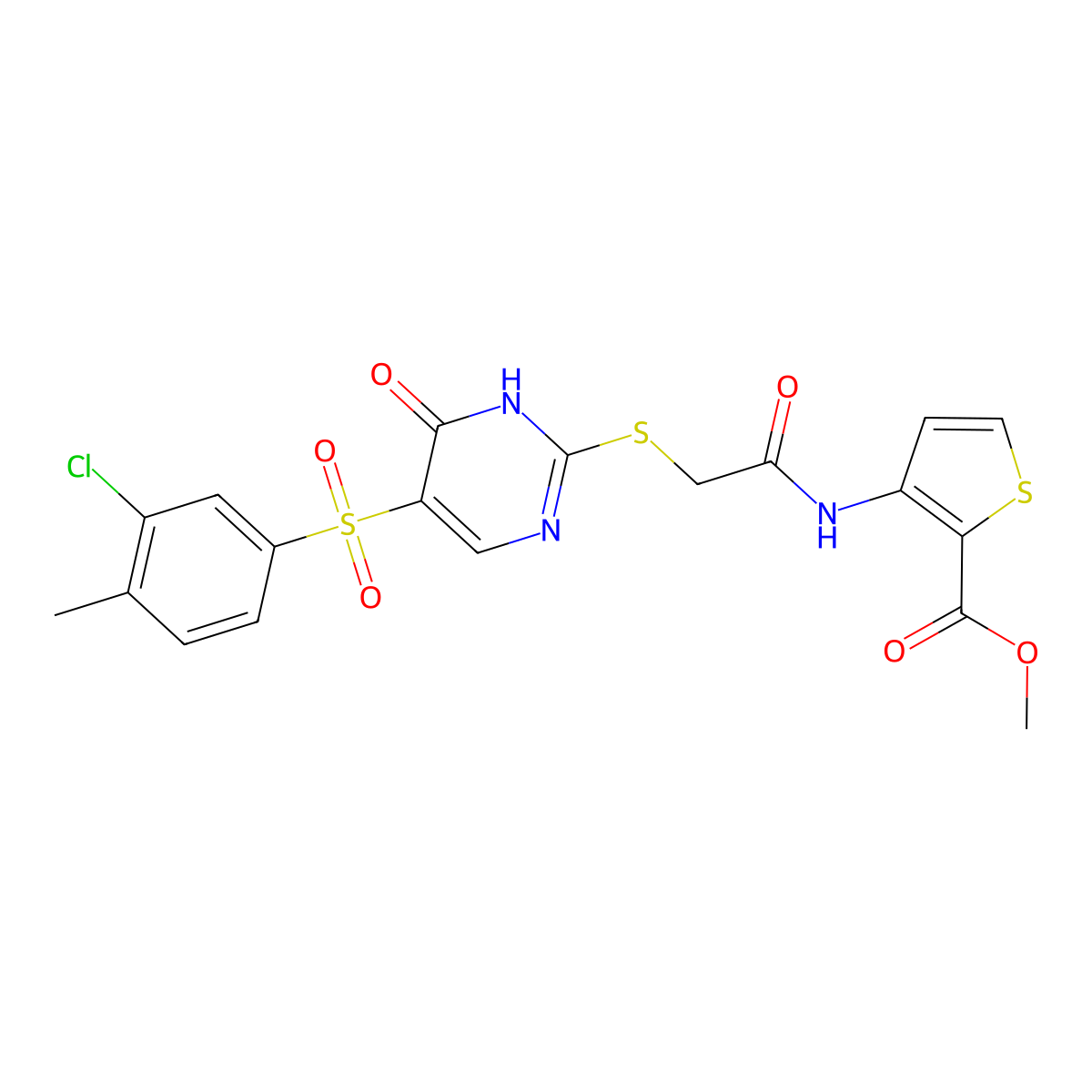 Methyl 3-{[({5-[(3-chloro-4-methylphenyl)sulfonyl]-6-oxo-1,6-dihydropyrimidin-2-yl}sulfanyl)acetyl]amino}thiophene-2-carboxylate molecular structure, CAS 1223864-65-0