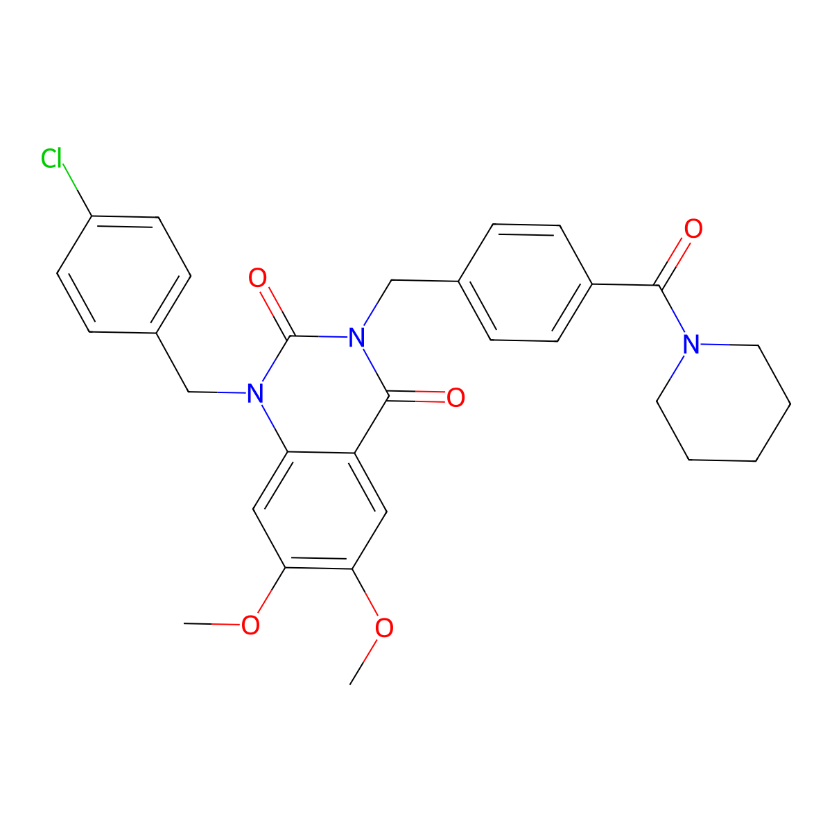 1-(4-chlorobenzyl)-6,7-dimethoxy-3-(4-(piperidine-1-carbonyl)benzyl)quinazoline-2,4(1H,3H)-dione molecular structure, CAS 1223891-60-8