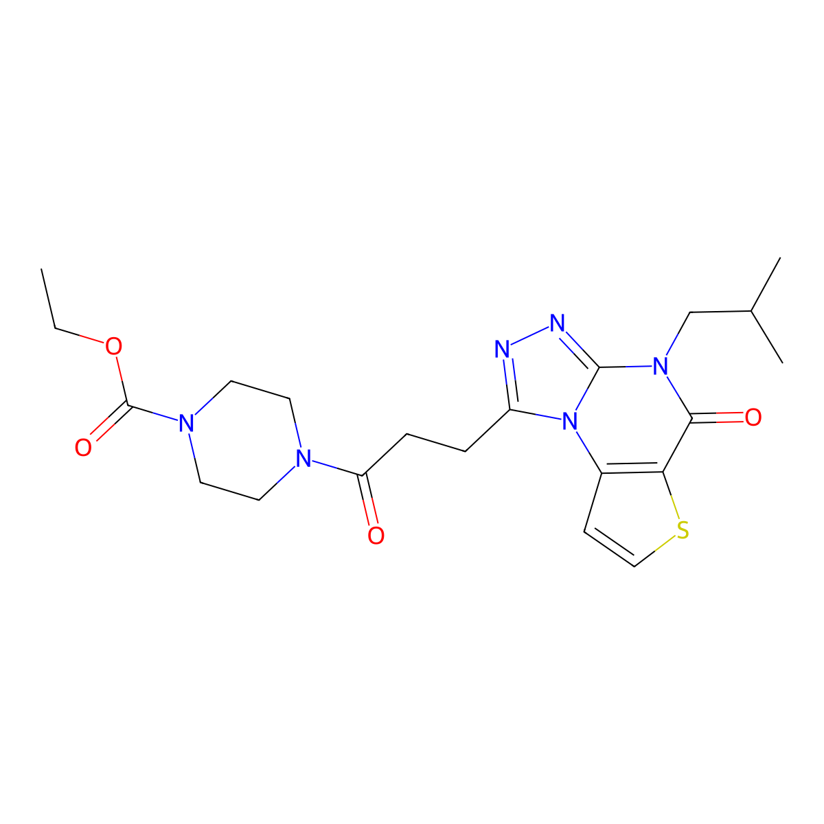 Ethyl 4-(3-(4-isobutyl-5-oxo-4,5-dihydrothieno[2,3-e][1,2,4]triazolo[4,3-a]pyrimidin-1-yl)propanoyl)piperazine-1-carboxylate molecular structure, CAS 1223891-62-0