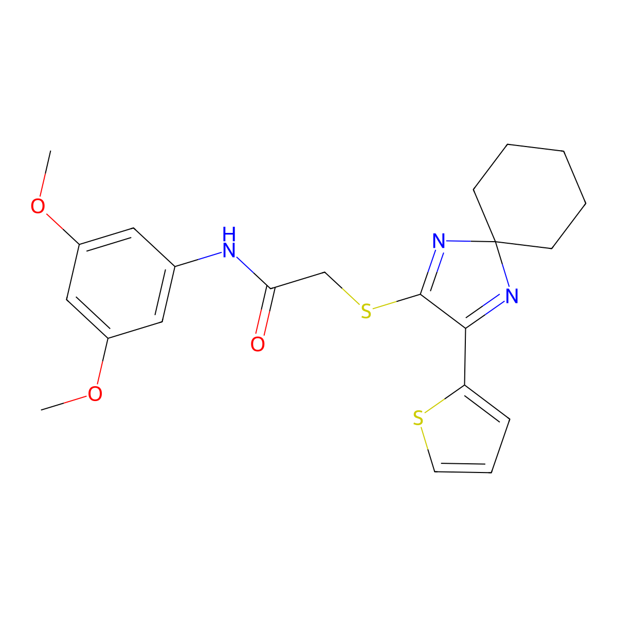 N-(3,5-dimethoxyphenyl)-2-((3-(thiophen-2-yl)-1,4-diazaspiro[4.5]deca-1,3-dien-2-yl)thio)acetamide molecular structure, CAS 1223892-53-2