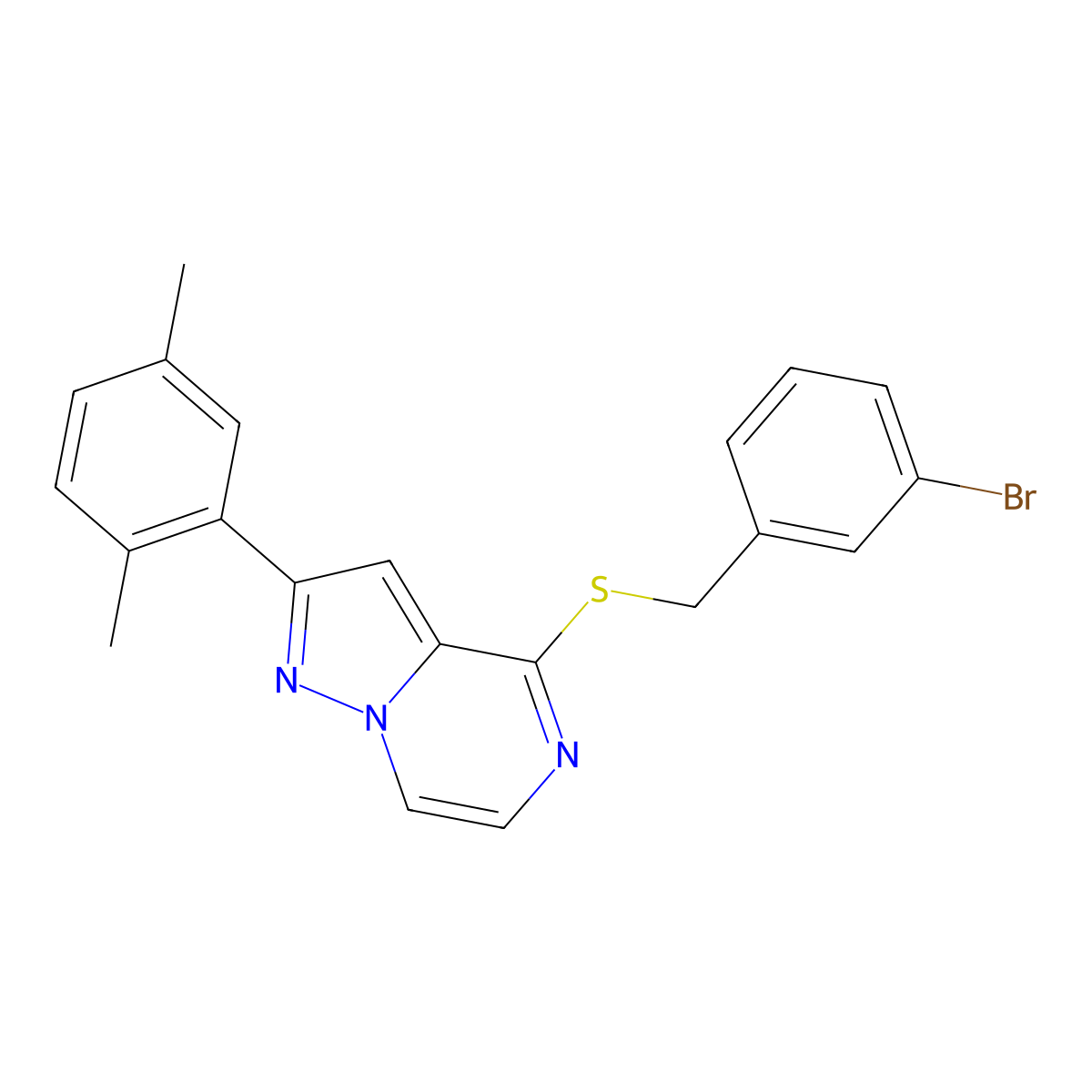 4-((3-Bromobenzyl)thio)-2-(2,5-dimethylphenyl)pyrazolo[1,5-a]pyrazine molecular structure, CAS 1223893-37-5