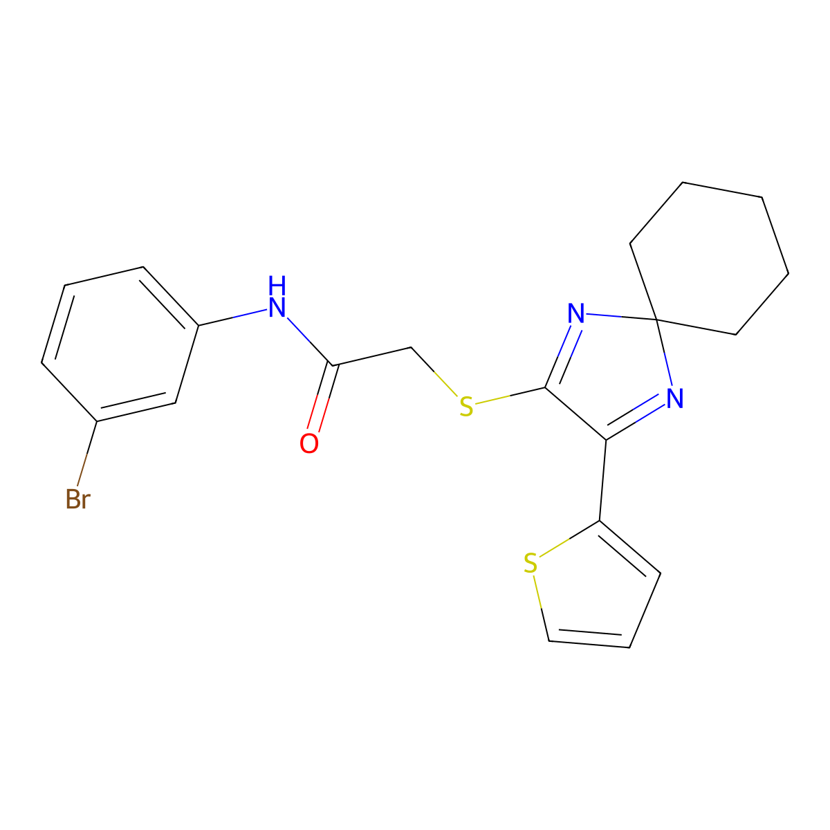 N-(3-bromophenyl)-2-((3-(thiophen-2-yl)-1,4-diazaspiro[4.5]deca-1,3-dien-2-yl)thio)acetamide molecular structure, CAS 1223895-92-8