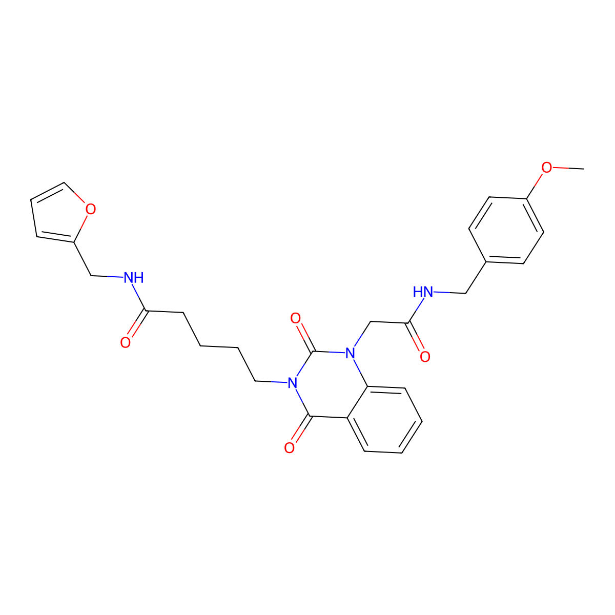 N-(2-furylmethyl)-5-[1-{2-[(4-methoxybenzyl)amino]-2-oxoethyl}-2,4-dioxo-1,4-dihydroquinazolin-3(2H)-yl]pentanamide molecular structure, CAS 1223898-10-9