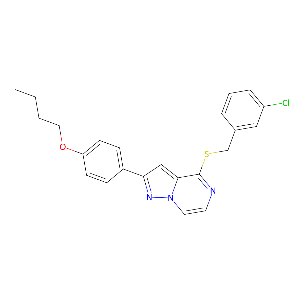 2-(4-Butoxyphenyl)-4-[(3-chlorobenzyl)thio]pyrazolo[1,5-a]pyrazine molecular structure, CAS 1223899-13-5