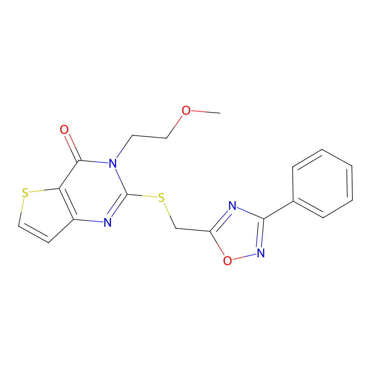 3-(2-methoxyethyl)-2-(((3-phenyl-1,2,4-oxadiazol-5-yl)methyl)thio)thieno[3,2-d]pyrimidin-4(3H)-one molecular structure, CAS 1223899-96-4