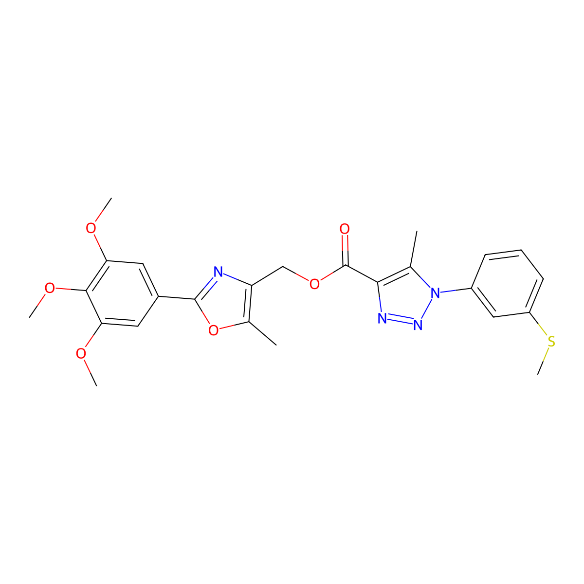 (5-methyl-2-(3,4,5-trimethoxyphenyl)oxazol-4-yl)methyl 5-methyl-1-(3-(methylthio)phenyl)-1H-1,2,3-triazole-4-carboxylate molecular structure, CAS 1223900-25-1