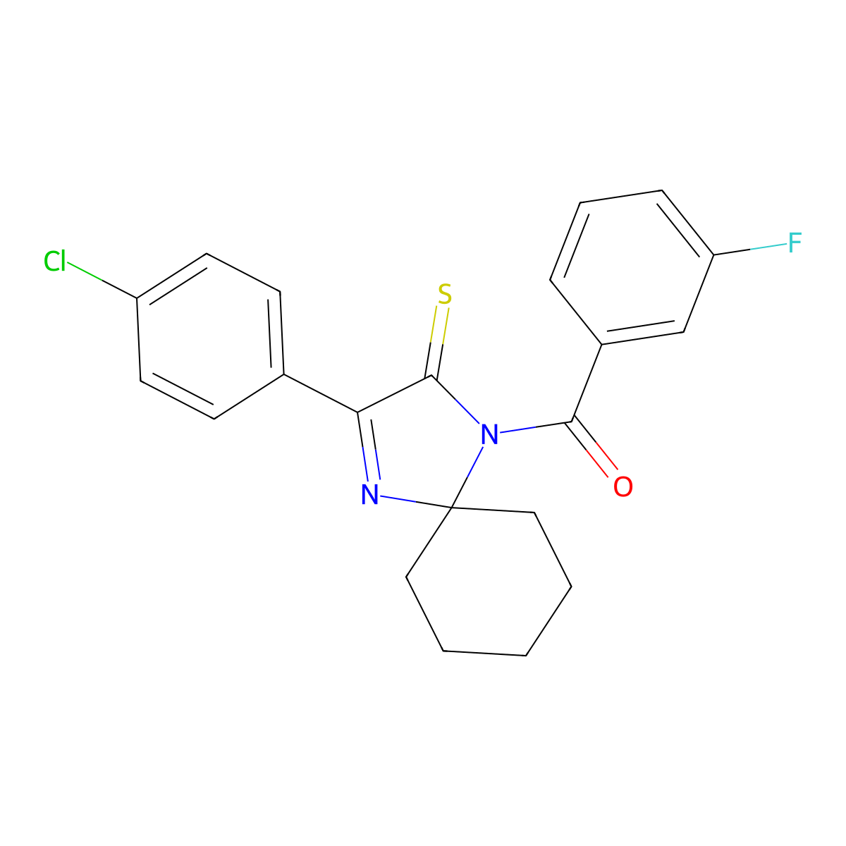 3-(4-Chlorophenyl)-1-(3-fluorobenzoyl)-1,4-diazaspiro[4.5]dec-3-ene-2-thione molecular structure, CAS 1223900-61-5