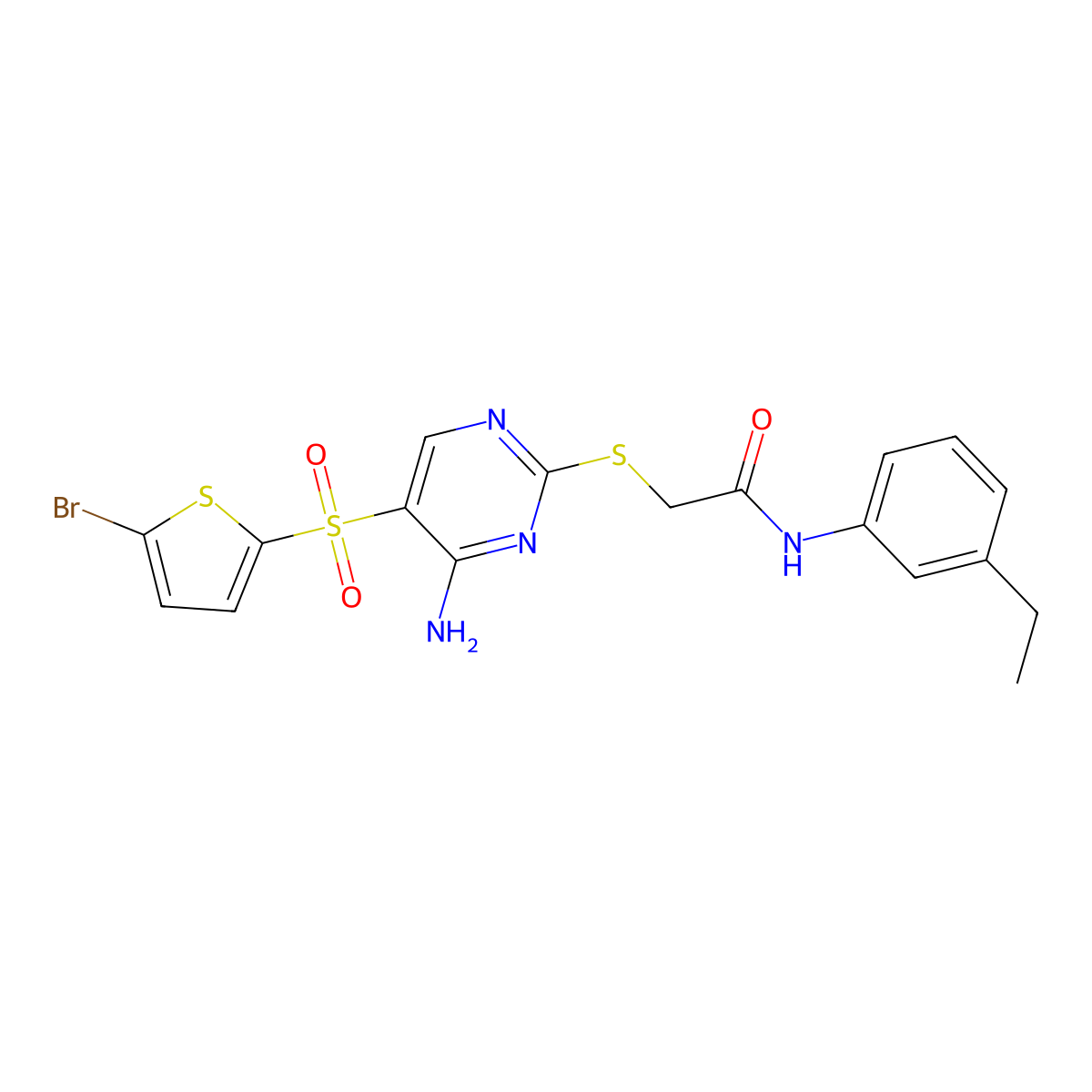 2-((4-amino-5-((5-bromothiophen-2-yl)sulfonyl)pyrimidin-2-yl)thio)-N-(3-ethylphenyl)acetamide molecular structure, CAS 1223900-64-8