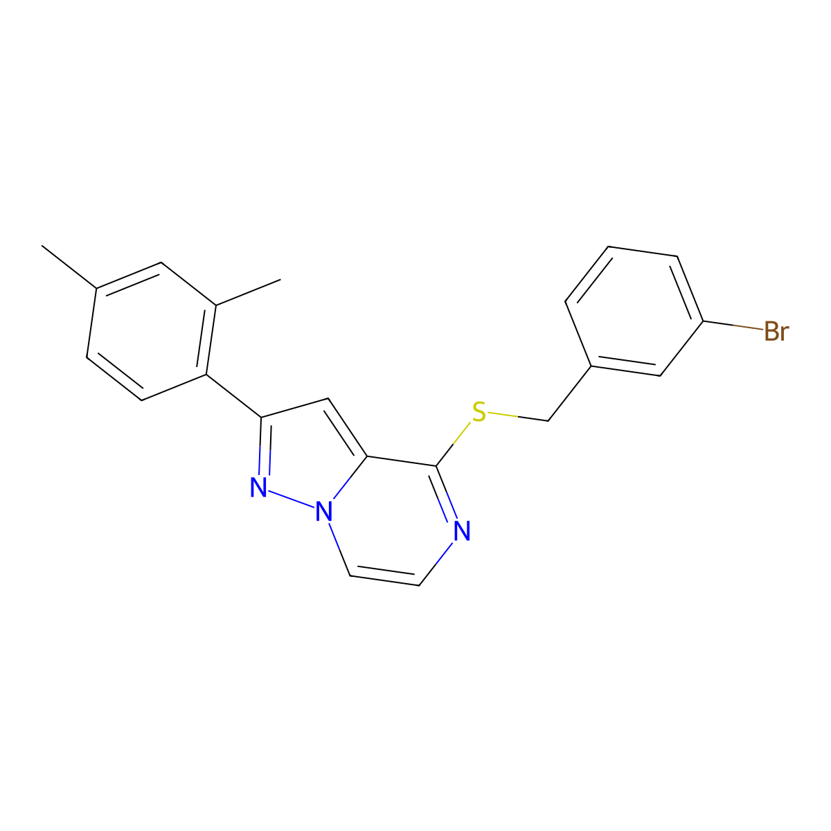 4-[(3-Bromobenzyl)thio]-2-(2,4-dimethylphenyl)pyrazolo[1,5-a]pyrazine molecular structure, CAS 1223902-05-3