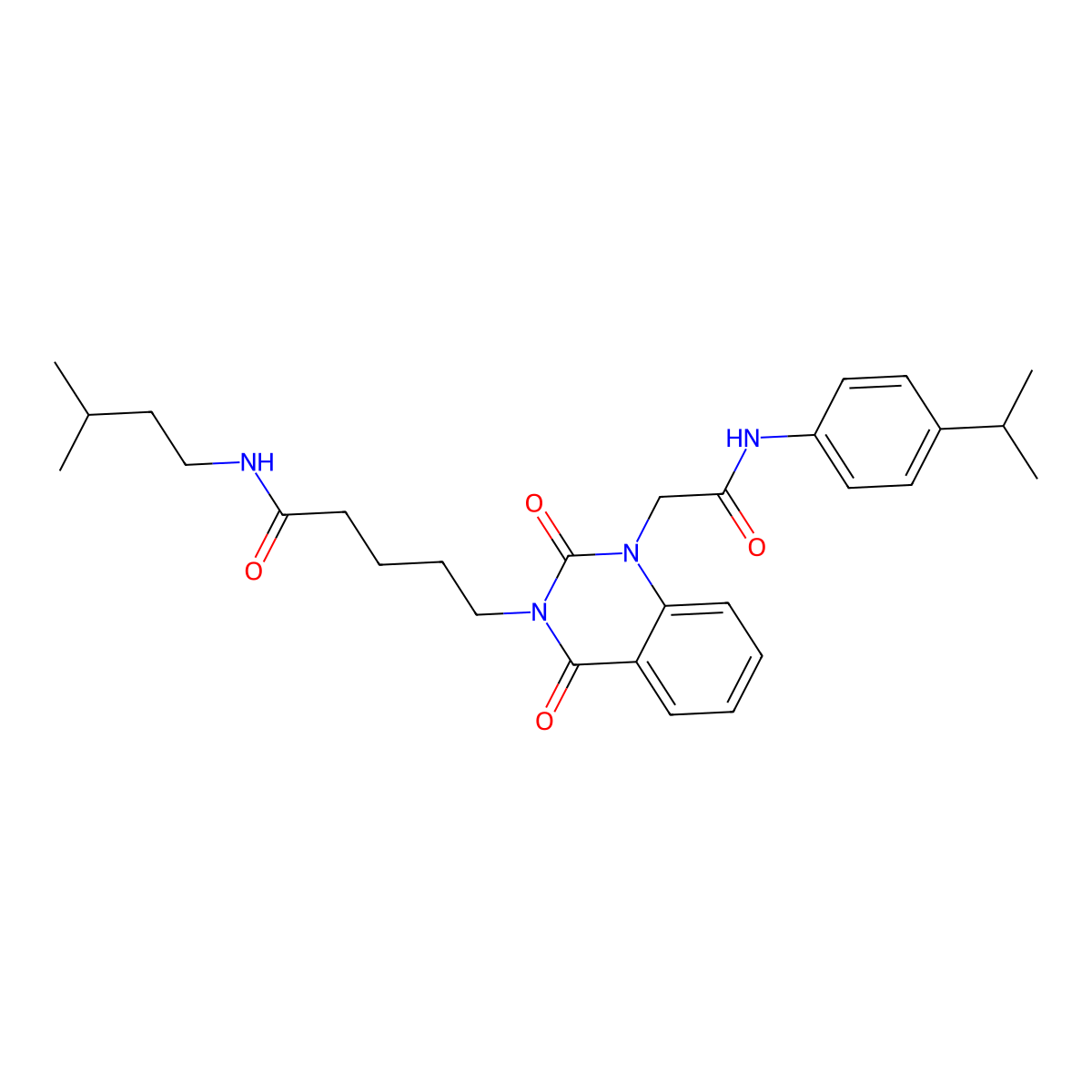 5-[1-{2-[(4-isopropylphenyl)amino]-2-oxoethyl}-2,4-dioxo-1,4-dihydroquinazolin-3(2H)-yl]-N-(3-methylbutyl)pentanamide molecular structure, CAS 1223903-47-6