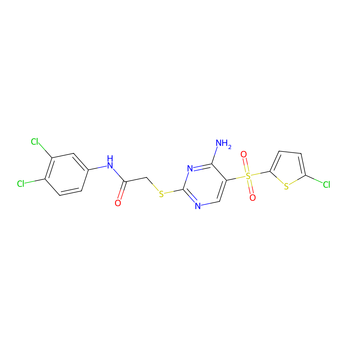 2-((4-amino-5-((5-chlorothiophen-2-yl)sulfonyl)pyrimidin-2-yl)thio)-N-(3,4-dichlorophenyl)acetamide molecular structure, CAS 1223903-85-2
