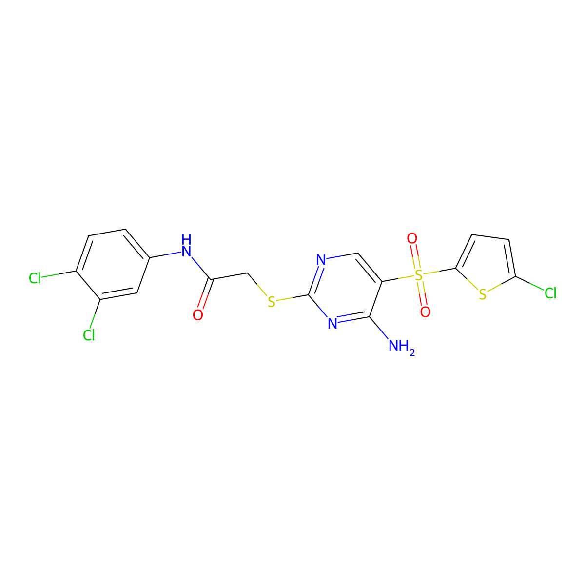 2-((4-amino-5-((5-chlorothiophen-2-yl)sulfonyl)pyrimidin-2-yl)thio)-N-(3,4-dichlorophenyl)acetamide molecular structure, CAS 1223903-85-2