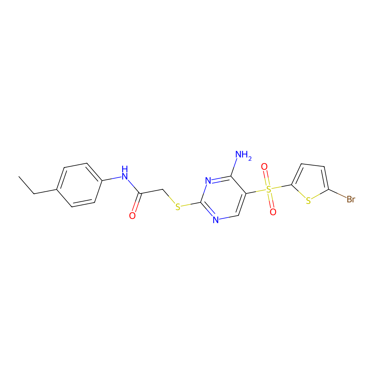 2-((4-amino-5-((5-bromothiophen-2-yl)sulfonyl)pyrimidin-2-yl)thio)-N-(4-ethylphenyl)acetamide molecular structure, CAS 1223905-71-2