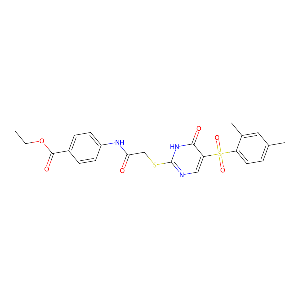 Ethyl 4-(2-{[5-(2,4-dimethylbenzenesulfonyl)-6-oxo-1,6-dihydropyrimidin-2-yl]sulfanyl}acetamido)benzoate molecular structure, CAS 1223906-89-5