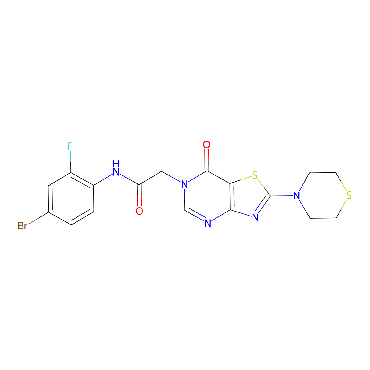 N-(4-bromo-2-fluorophenyl)-2-(7-oxo-2-thiomorpholinothiazolo[4,5-d]pyrimidin-6(7H)-yl)acetamide molecular structure, CAS 1223907-11-6