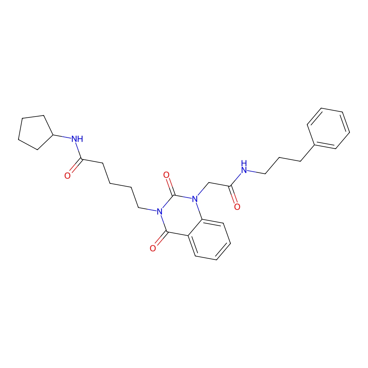 N-cyclopentyl-5-(2,4-dioxo-1-(2-oxo-2-((3-phenylpropyl)amino)ethyl)-1,2-dihydroquinazolin-3(4H)-yl)pentanamide molecular structure, CAS 1223907-44-5