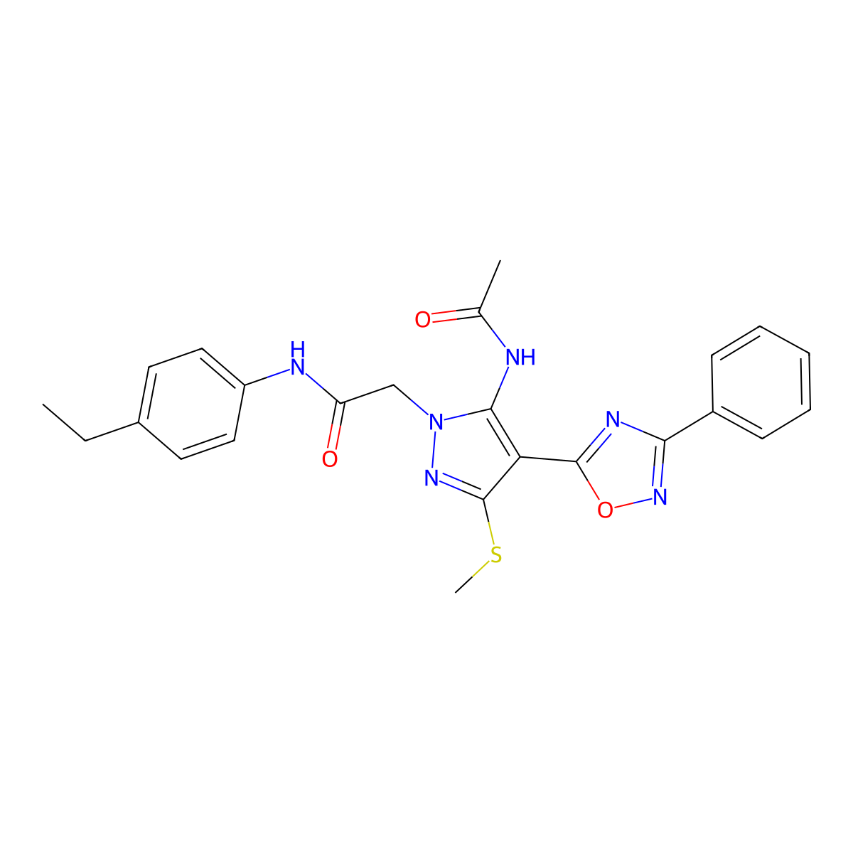 2-[5-acetamido-3-(methylsulfanyl)-4-(3-phenyl-1,2,4-oxadiazol-5-yl)-1H-pyrazol-1-yl]-N-(4-ethylphenyl)acetamide molecular structure, CAS 1223909-35-0
