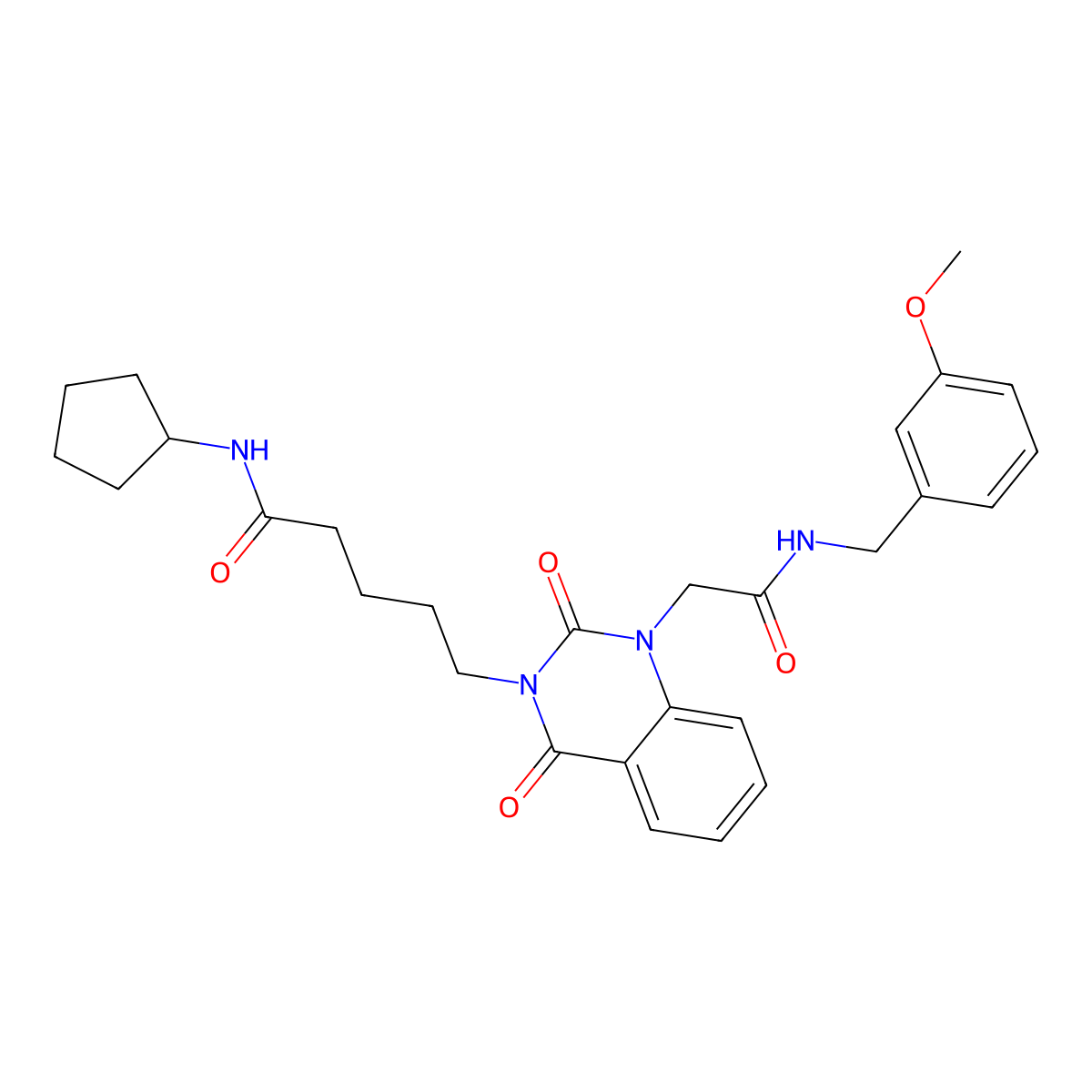 N-cyclopentyl-5-(1-(2-((3-methoxybenzyl)amino)-2-oxoethyl)-2,4-dioxo-1,2-dihydroquinazolin-3(4H)-yl)pentanamide molecular structure, CAS 1223910-67-5