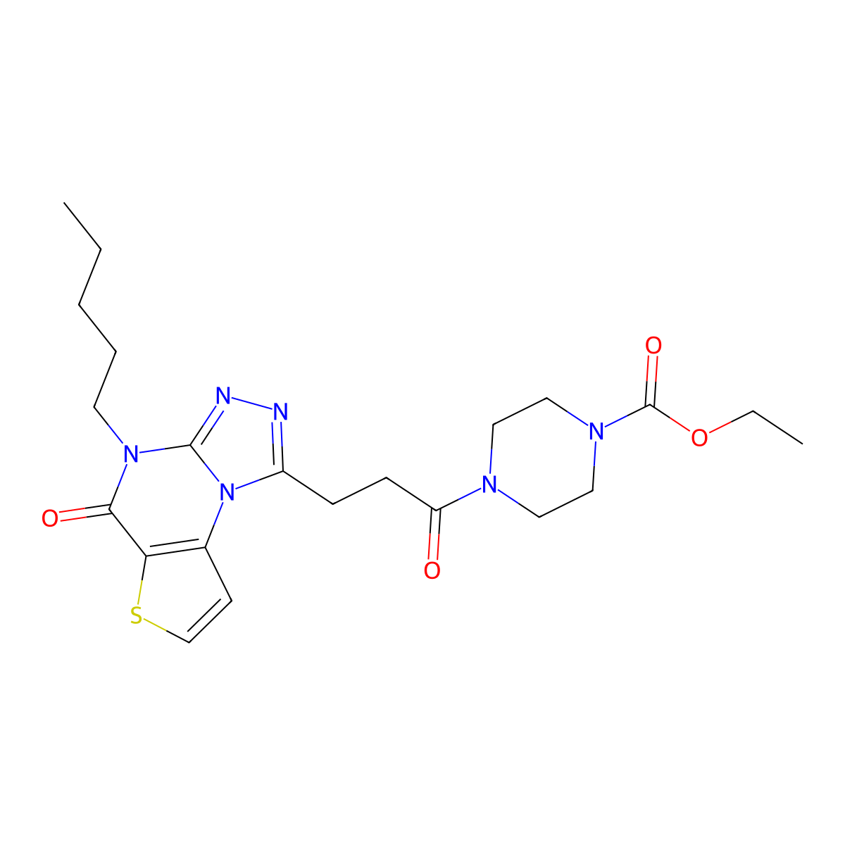 Ethyl 4-(3-(5-oxo-4-pentyl-4,5-dihydrothieno[2,3-e][1,2,4]triazolo[4,3-a]pyrimidin-1-yl)propanoyl)piperazine-1-carboxylate molecular structure, CAS 1223911-03-2