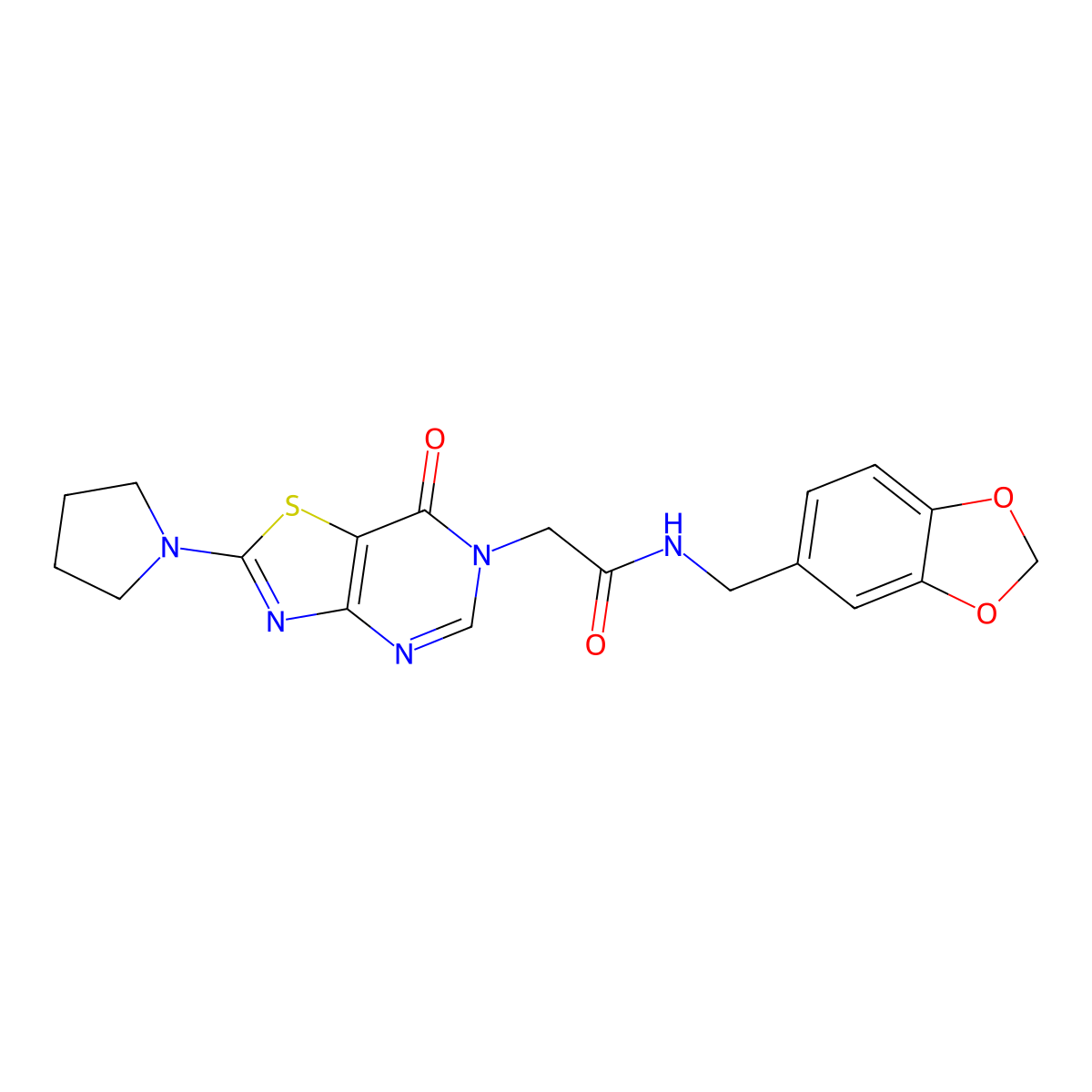 N-(benzo[d][1,3]dioxol-5-ylmethyl)-2-(7-oxo-2-(pyrrolidin-1-yl)thiazolo[4,5-d]pyrimidin-6(7H)-yl)acetamide molecular structure, CAS 1223912-14-8