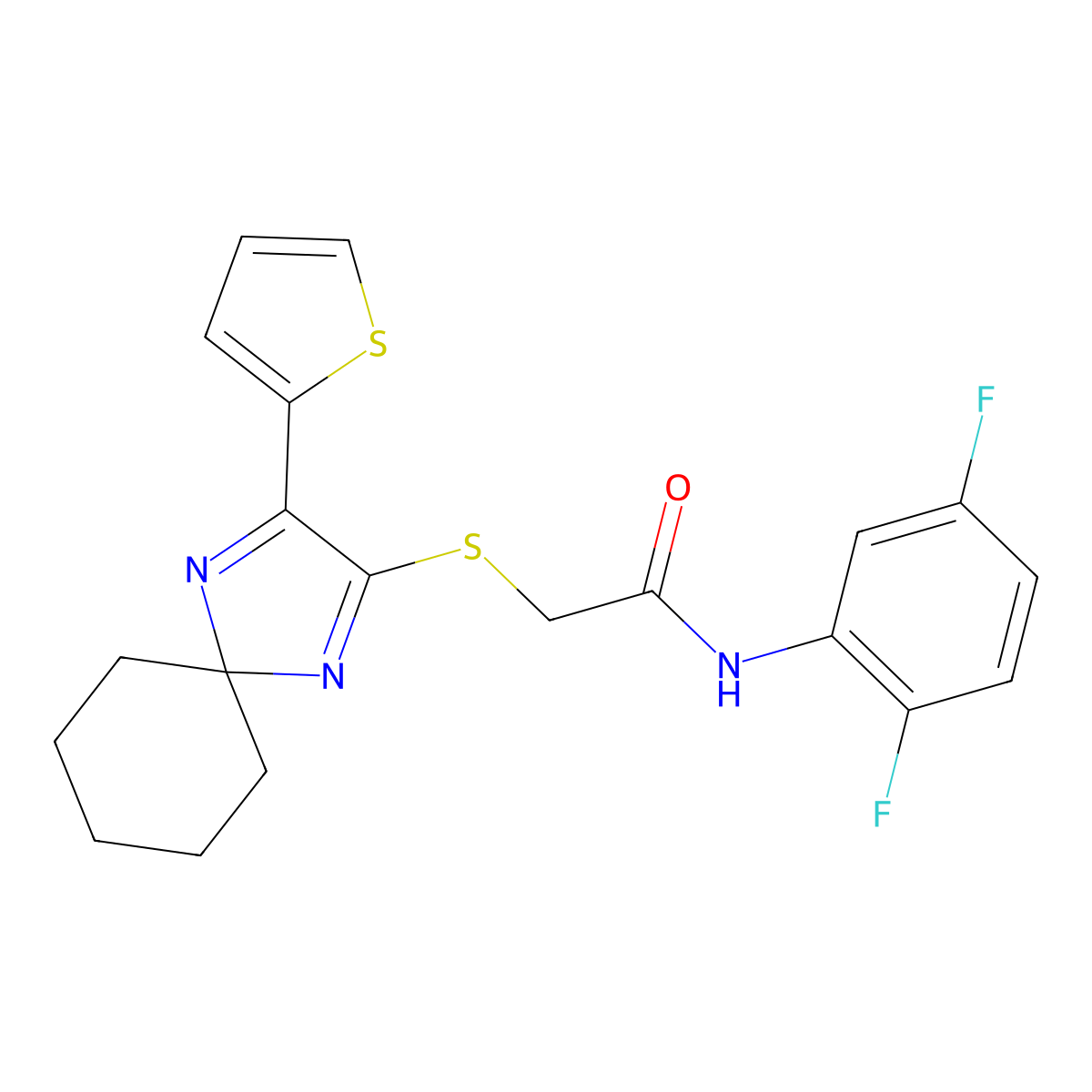 N-(2,5-difluorophenyl)-2-((3-(thiophen-2-yl)-1,4-diazaspiro[4.5]deca-1,3-dien-2-yl)thio)acetamide molecular structure, CAS 1223914-03-1