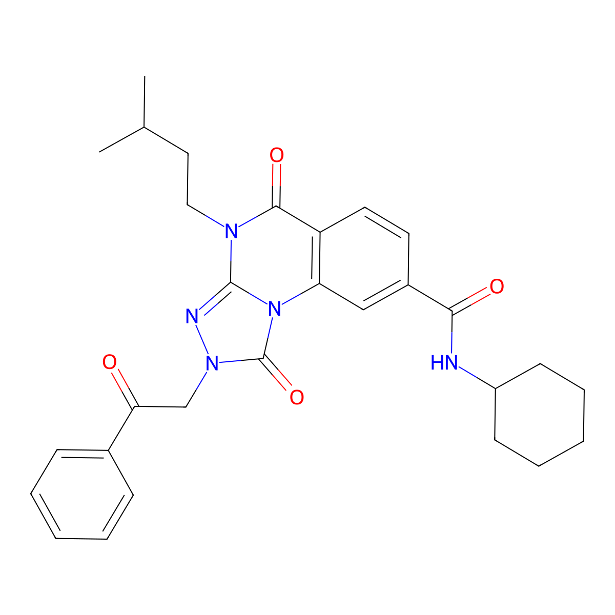 N-cyclohexyl-4-(3-methylbutyl)-1,5-dioxo-2-(2-oxo-2-phenylethyl)-1H,2H,4H,5H-[1,2,4]triazolo[4,3-a]quinazoline-8-carboxamide molecular structure, CAS 1223914-48-4