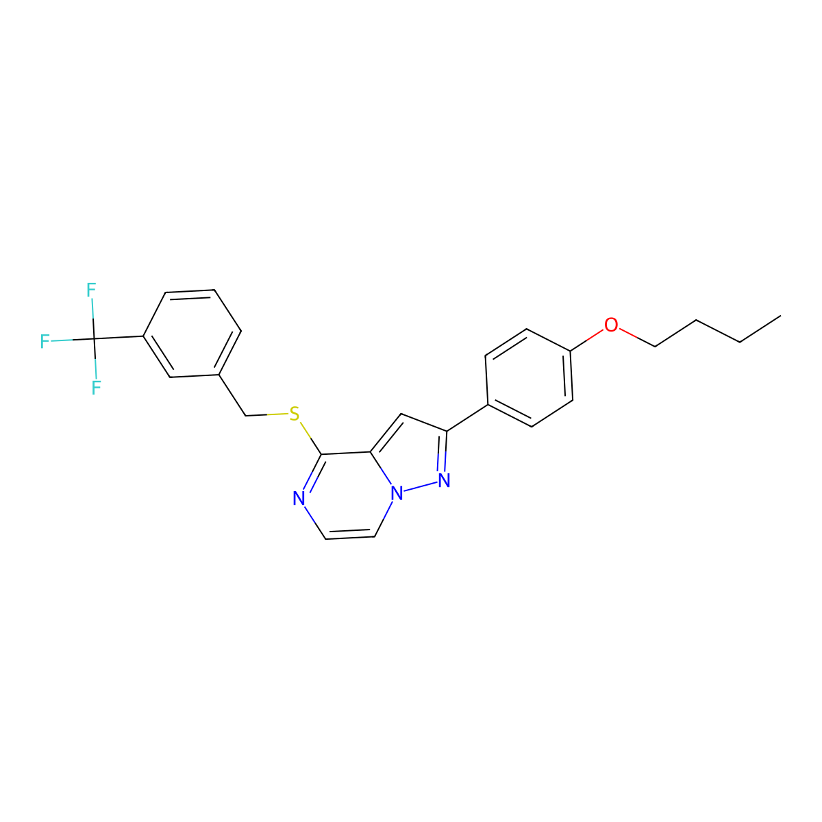 2-(4-Butoxyphenyl)-4-{[3-(trifluoromethyl)benzyl]thio}pyrazolo[1,5-a]pyrazine molecular structure, CAS 1223914-81-5