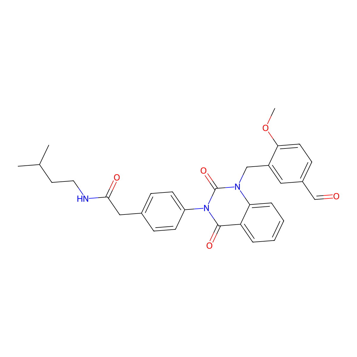 2-(4-(1-(5-formyl-2-methoxybenzyl)-2,4-dioxo-1,2-dihydroquinazolin-3(4H)-yl)phenyl)-N-isopentylacetamide molecular structure, CAS 1223914-91-7