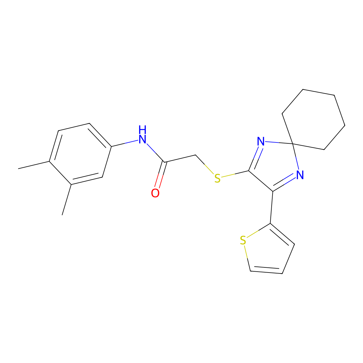 N-(3,4-dimethylphenyl)-2-((3-(thiophen-2-yl)-1,4-diazaspiro[4.5]deca-1,3-dien-2-yl)thio)acetamide molecular structure, CAS 1223915-26-1