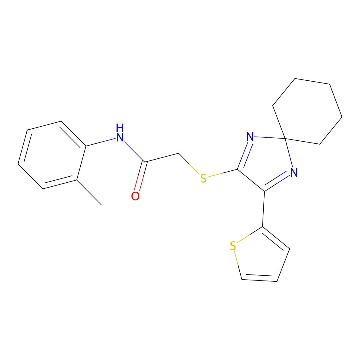 2-((3-(thiophen-2-yl)-1,4-diazaspiro[4.5]deca-1,3-dien-2-yl)thio)-N-(o-tolyl)acetamide molecular structure, CAS 1223918-26-0