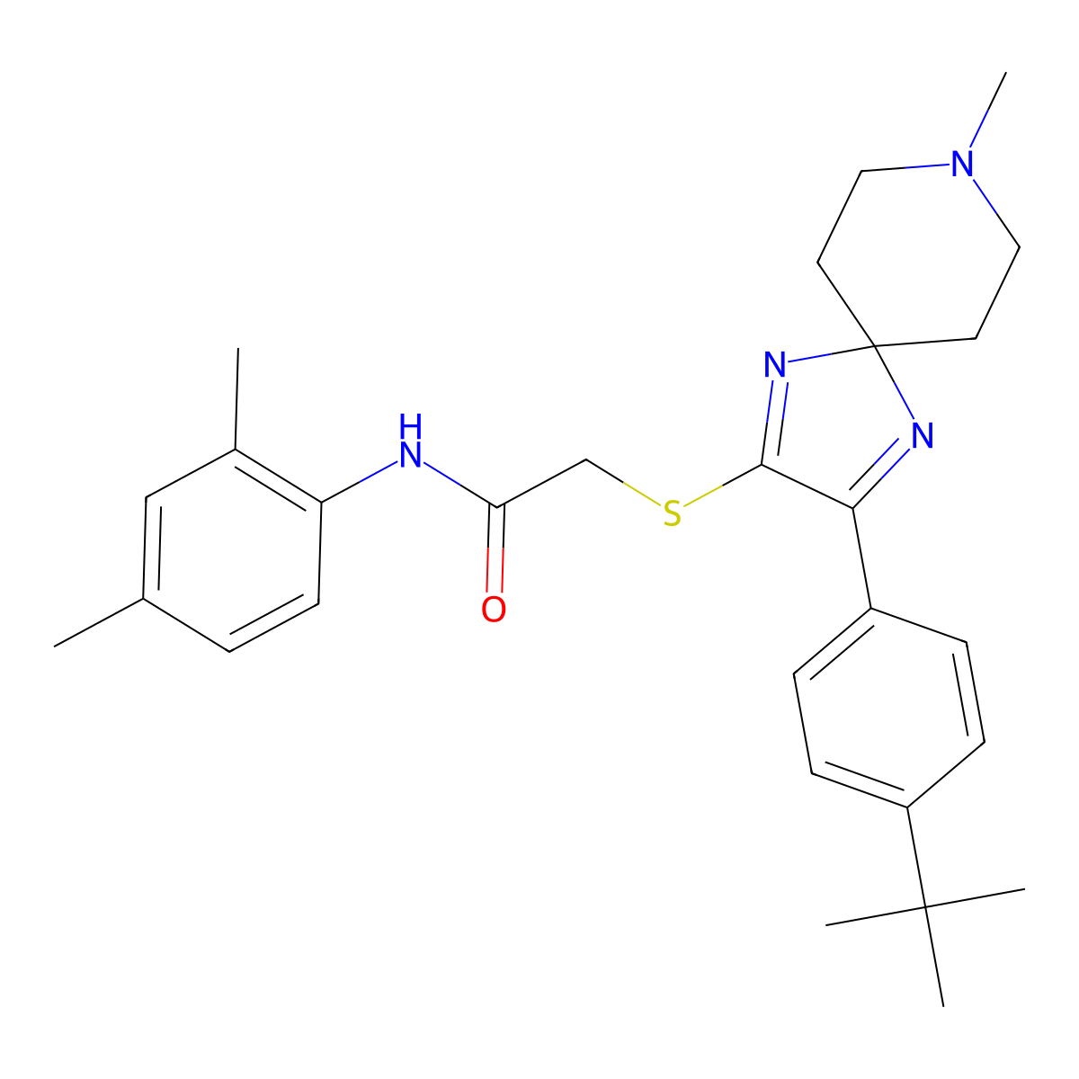 2-((3-(4-(tert-butyl)phenyl)-8-methyl-1,4,8-triazaspiro[4.5]deca-1,3-dien-2-yl)thio)-N-(2,4-dimethylphenyl)acetamide molecular structure, CAS 1223918-94-2