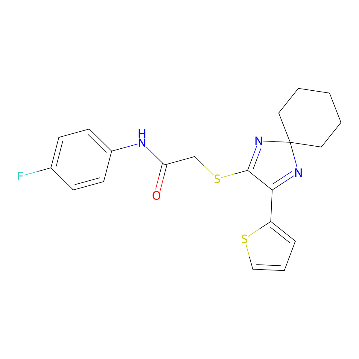 N-(4-fluorophenyl)-2-((3-(thiophen-2-yl)-1,4-diazaspiro[4.5]deca-1,3-dien-2-yl)thio)acetamide molecular structure, CAS 1223919-43-4