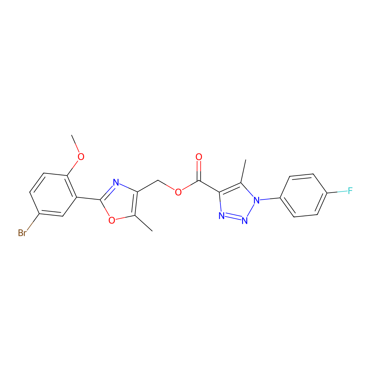[2-(5-bromo-2-methoxyphenyl)-5-methyl-1,3-oxazol-4-yl]methyl 1-(4-fluorophenyl)-5-methyl-1H-1,2,3-triazole-4-carboxylate molecular structure, CAS 1223921-07-0