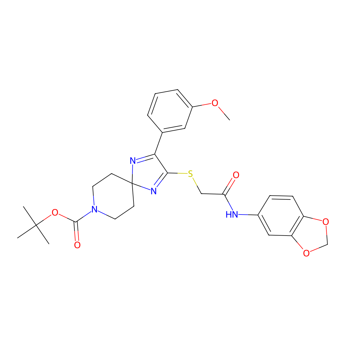 Tert-butyl 2-({[(2H-1,3-benzodioxol-5-YL)carbamoyl]methyl}sulfanyl)-3-(3-methoxyphenyl)-1,4,8-triazaspiro[4.5]deca-1,3-diene-8-carboxylate molecular structure, CAS 1223921-17-2