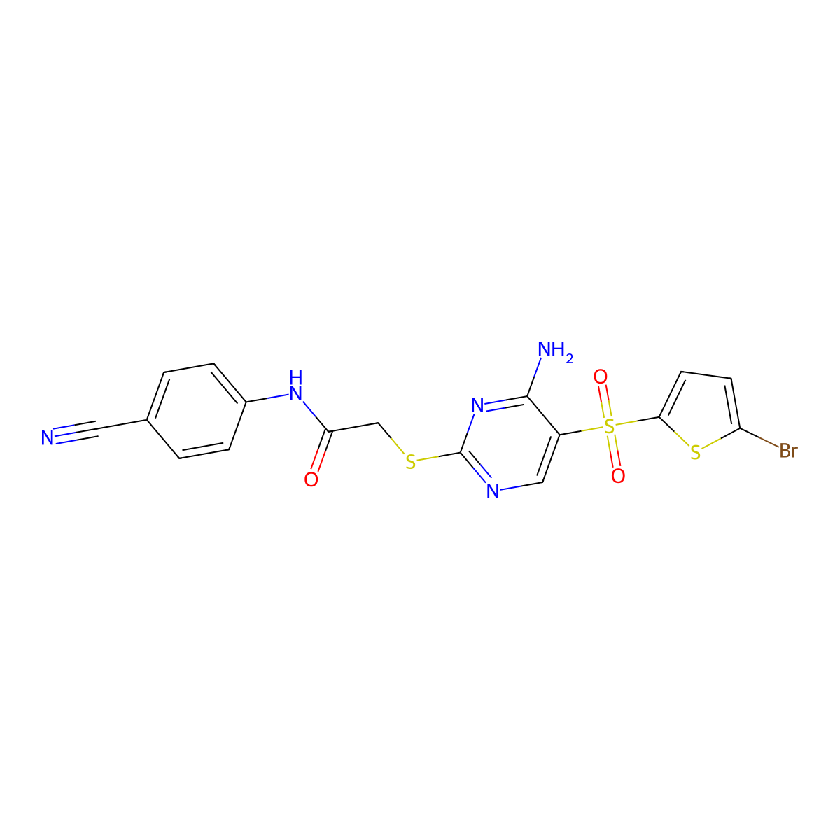 2-({4-amino-5-[(5-bromothiophen-2-yl)sulfonyl]pyrimidin-2-yl}sulfanyl)-N-(4-cyanophenyl)acetamide molecular structure, CAS 1223923-12-3