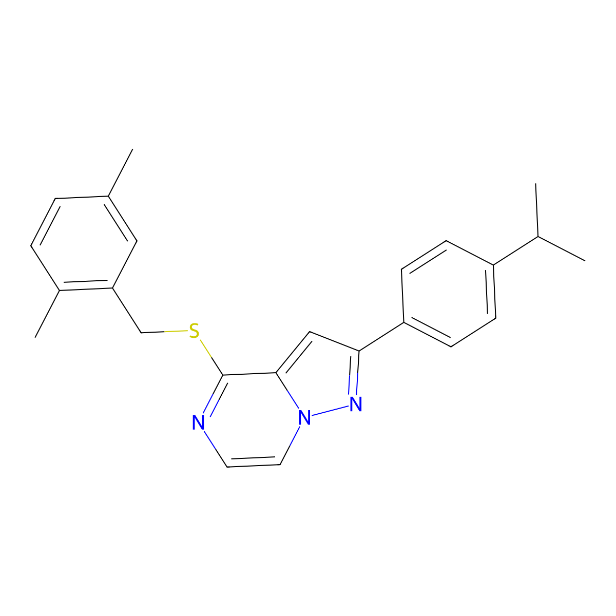 4-[(2,5-Dimethylbenzyl)thio]-2-(4-isopropylphenyl)pyrazolo[1,5-a]pyrazine molecular structure, CAS 1223926-39-3