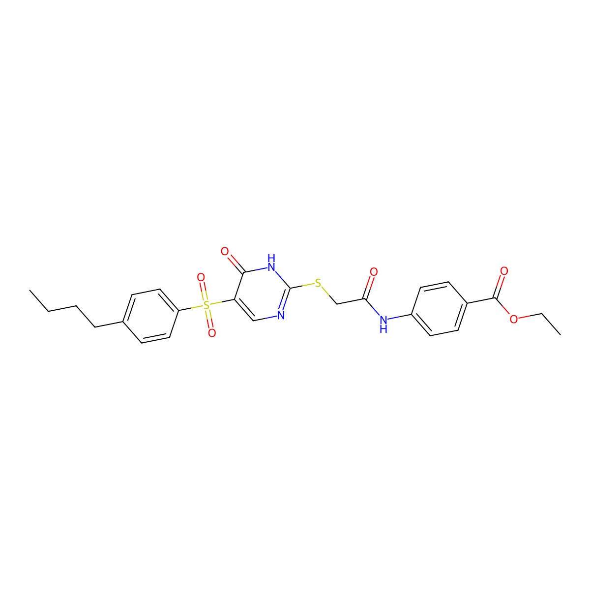 Ethyl 4-(2-{[5-(4-butylbenzenesulfonyl)-6-oxo-1,6-dihydropyrimidin-2-yl]sulfanyl}acetamido)benzoate molecular structure, CAS 1223929-74-5