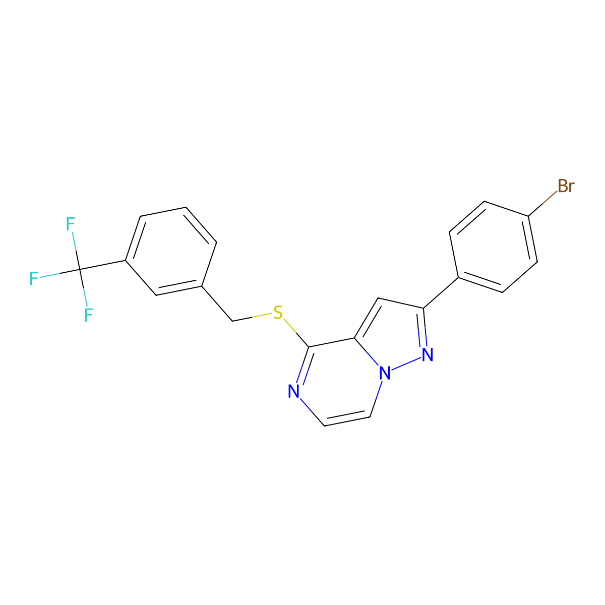 2-(4-Bromophenyl)-4-{[3-(trifluoromethyl)benzyl]thio}pyrazolo[1,5-a]pyrazine molecular structure, CAS 1223930-33-3