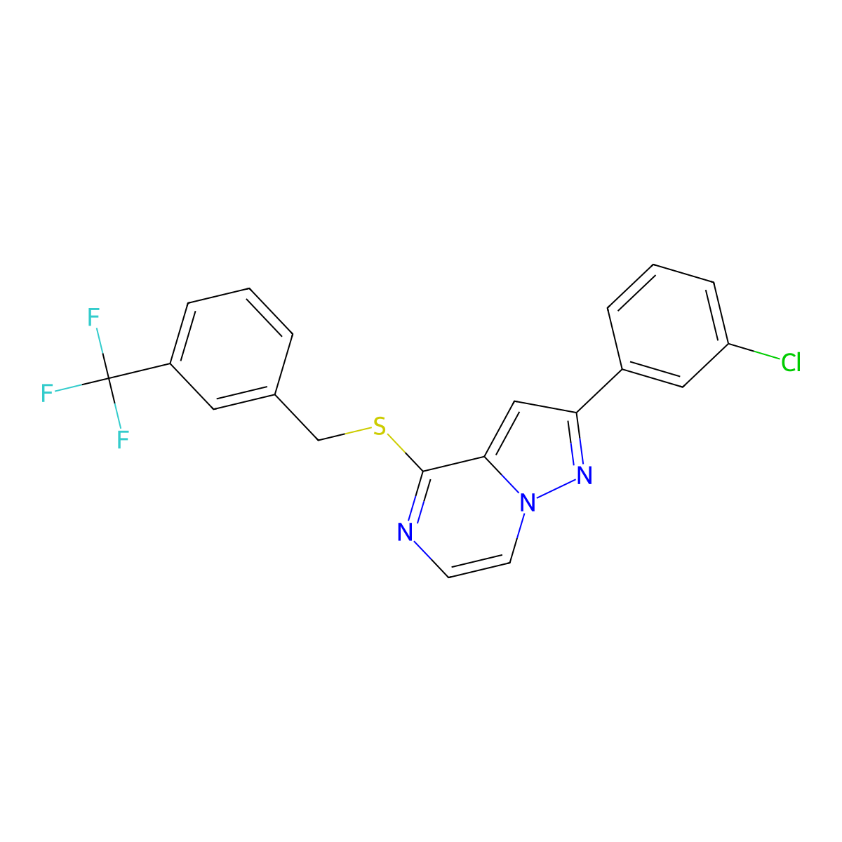 2-(3-Chlorophenyl)-4-{[3-(trifluoromethyl)benzyl]thio}pyrazolo[1,5-a]pyrazine molecular structure, CAS 1223930-78-6