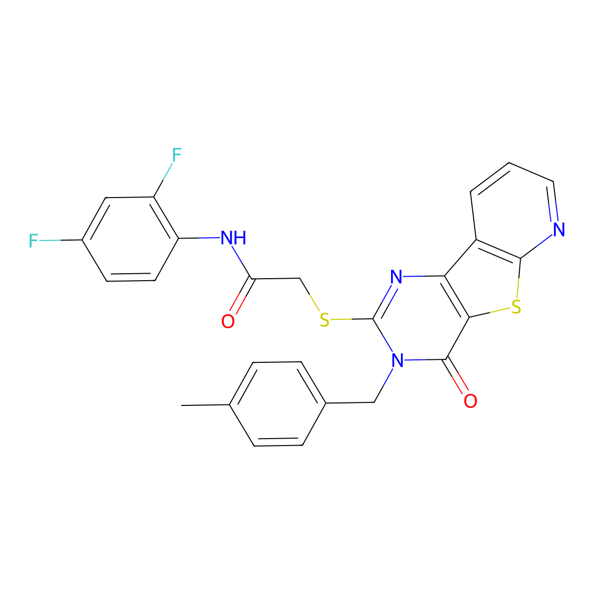 N-(2,4-difluorophenyl)-2-({5-[(4-methylphenyl)methyl]-6-oxo-8-thia-3,5,10-triazatricyclo[7.4.0.0^{2,7}]trideca-1(9),2(7),3,10,12-pentaen-4-yl}sulfanyl)acetamide molecular structure, CAS 1223934-52-8