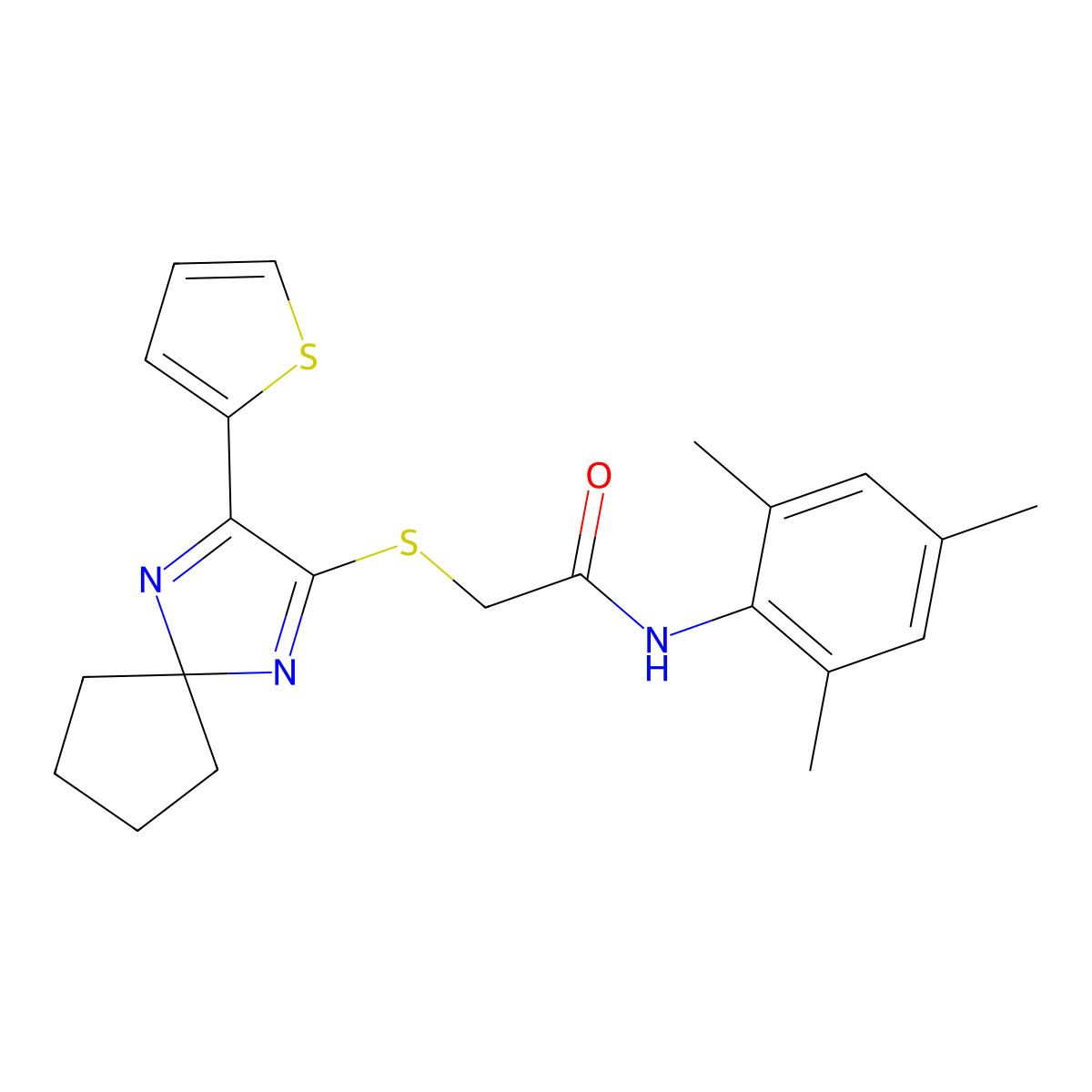 N-mesityl-2-((3-(thiophen-2-yl)-1,4-diazaspiro[4.4]nona-1,3-dien-2-yl)thio)acetamide molecular structure, CAS 1223935-02-1